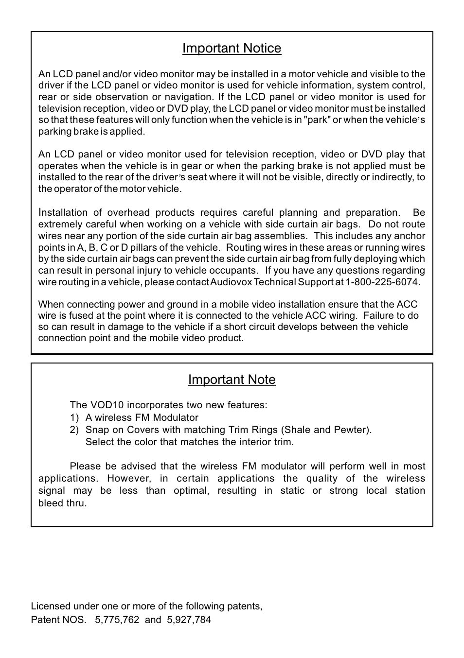 Important notice | Audiovox VOD10 User Manual | Page 2 / 12