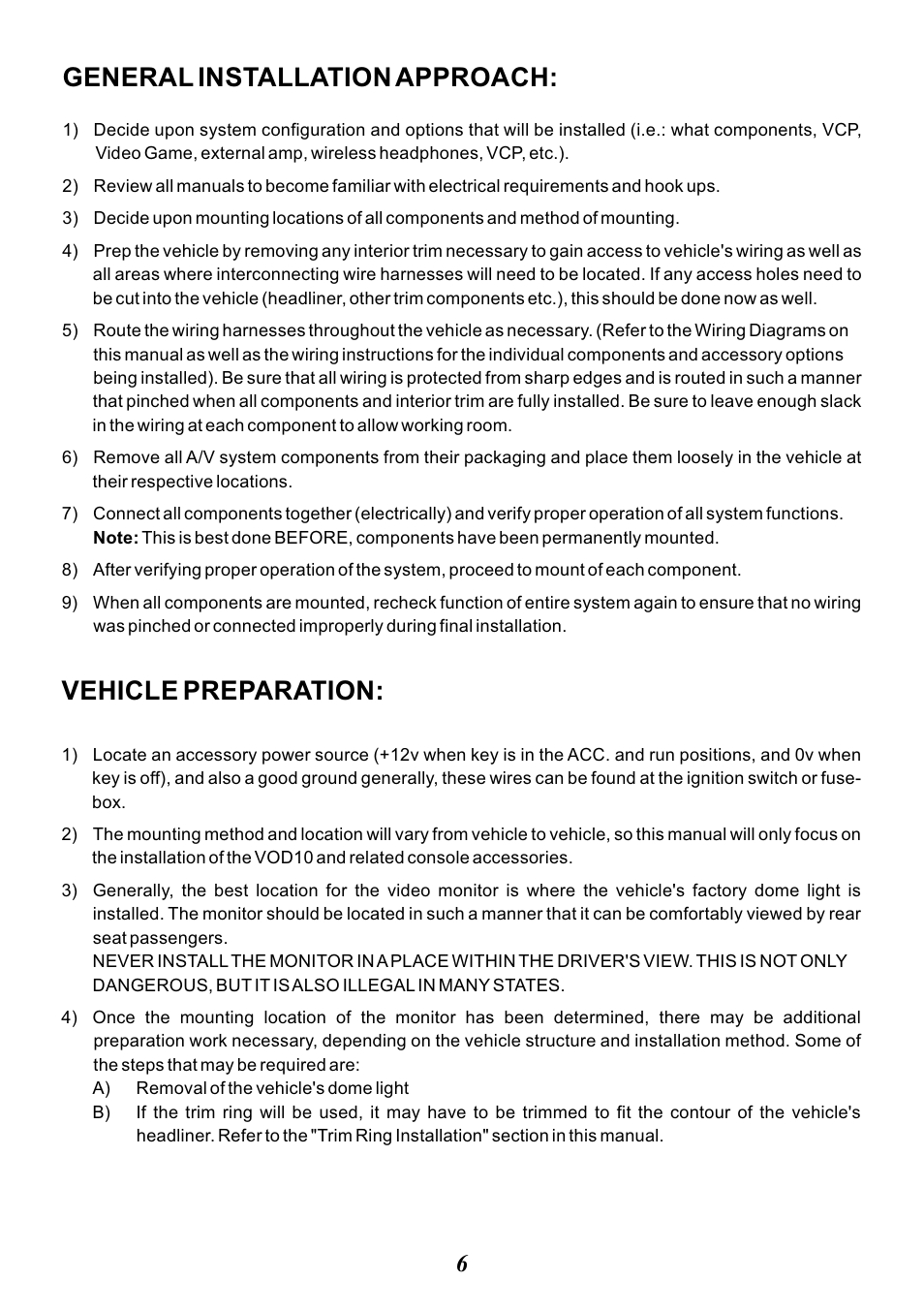 Vehicle preparation, General installation approach | Audiovox VOD10 User Manual | Page 6 / 12