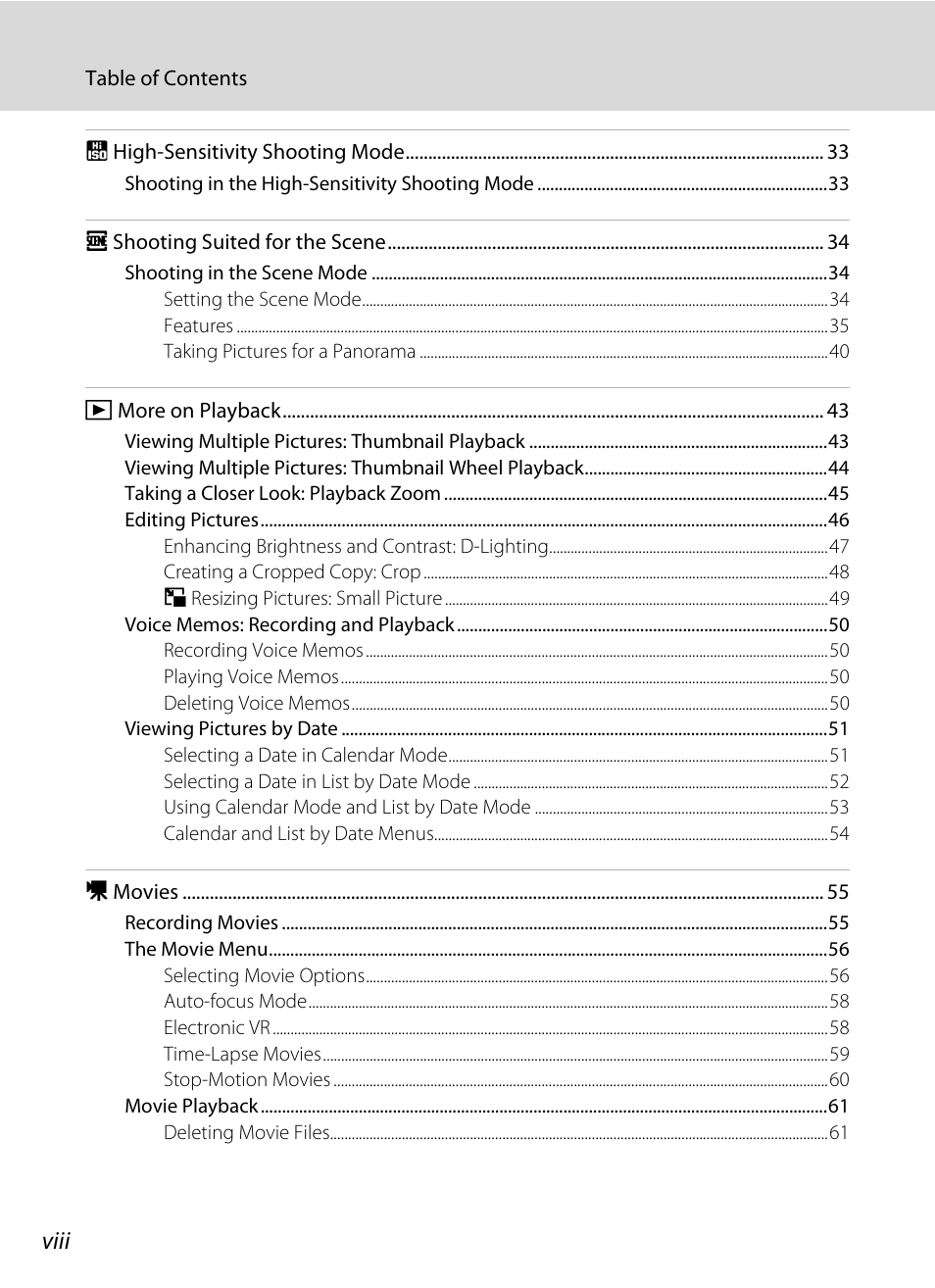 Viii | Nikon S700 User Manual | Page 10 / 148