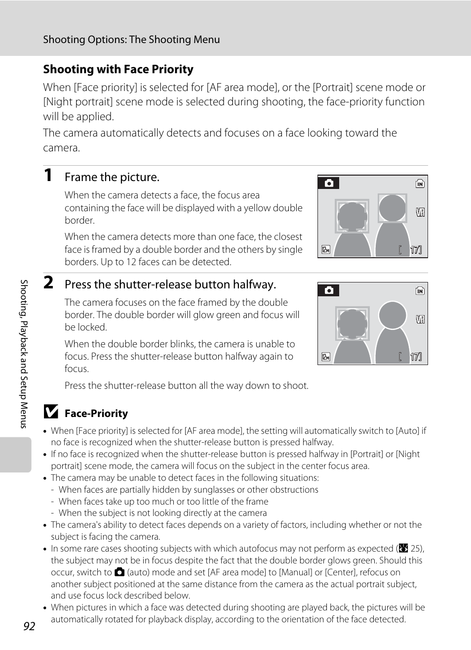Hooting with face priority” (a 92) for more, Shooting with face priority, A 92 | A 92), Frame the picture, Press the shutter-release button halfway | Nikon S700 User Manual | Page 104 / 148