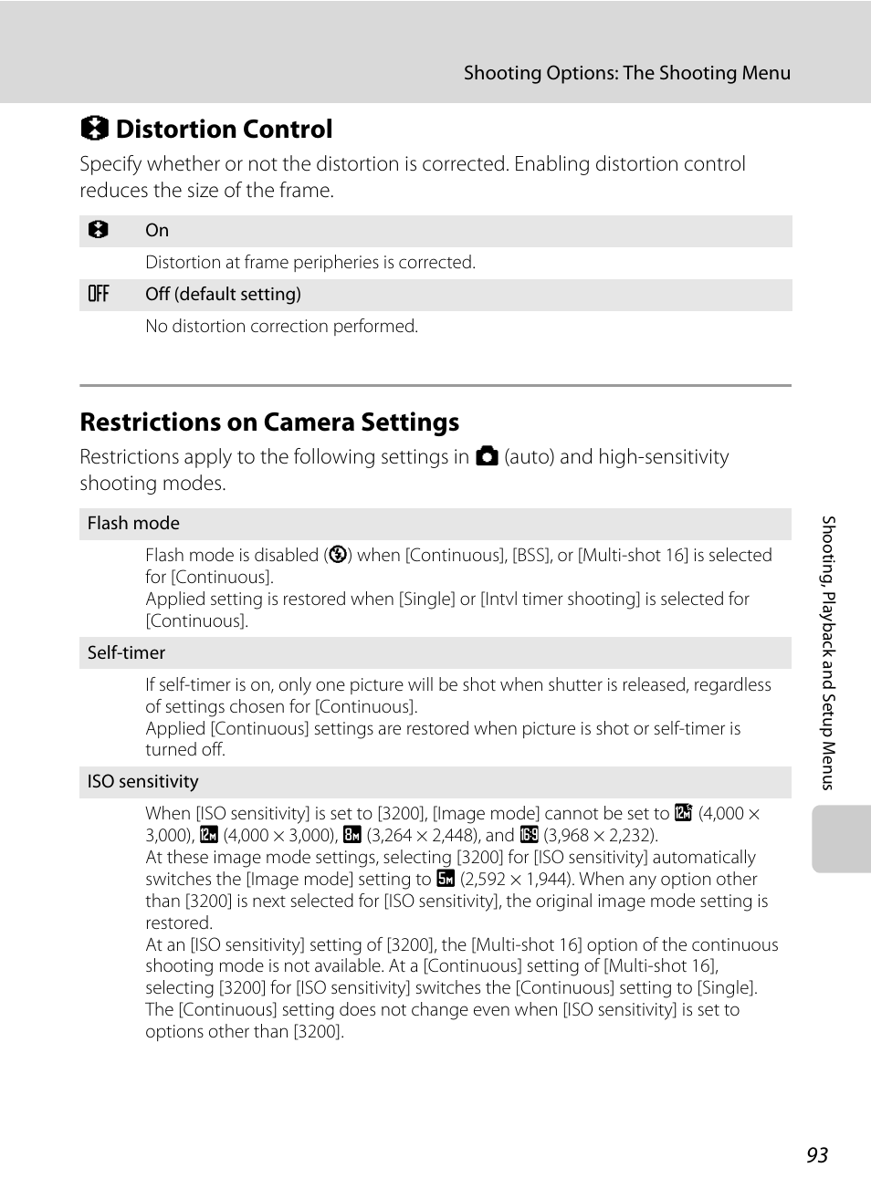 Distortion control, Restrictions on camera settings, A 93 | Q distortion control | Nikon S700 User Manual | Page 105 / 148