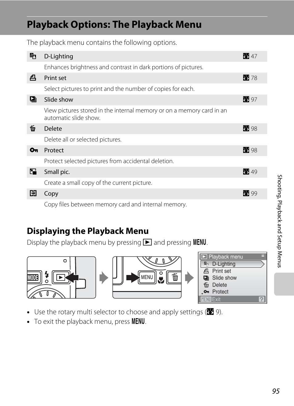 Playback options: the playback menu, Displaying the playback menu | Nikon S700 User Manual | Page 107 / 148