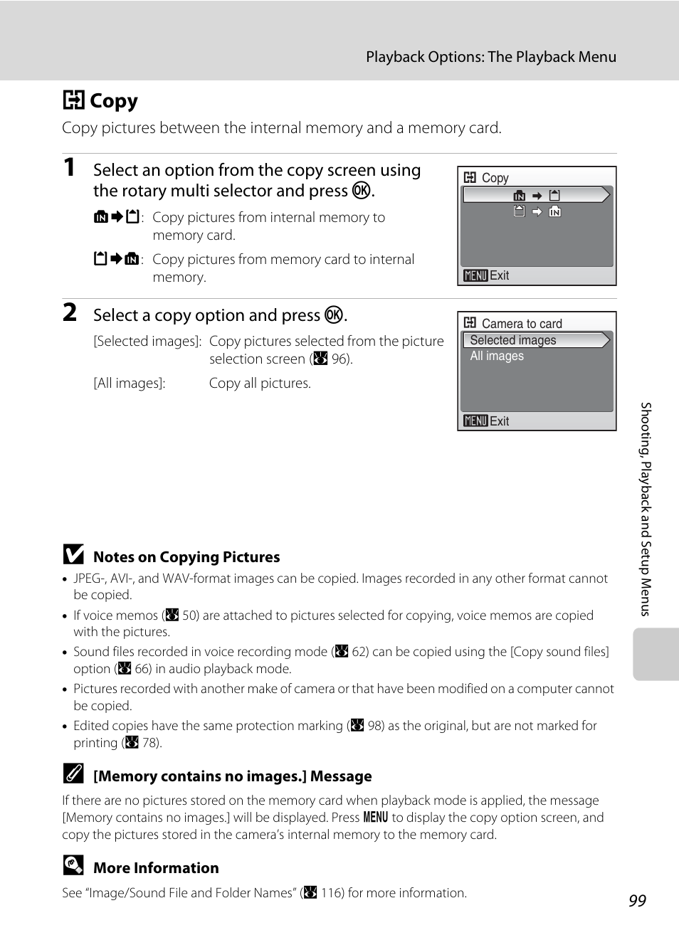 Copy, H copy, A 99 | A 99), Select a copy option and press k | Nikon S700 User Manual | Page 111 / 148