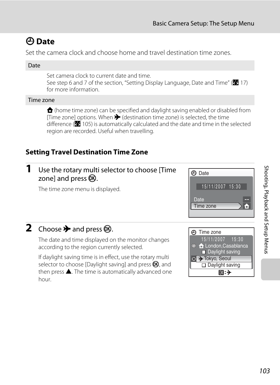 Date, D date, A 103) | A 103, Setting travel destination time zone, Choose x and press k | Nikon S700 User Manual | Page 115 / 148