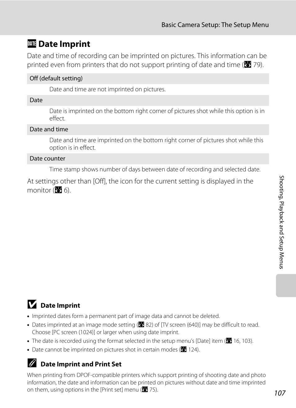 Date imprint, F date imprint, A 107) | A 107 | Nikon S700 User Manual | Page 119 / 148