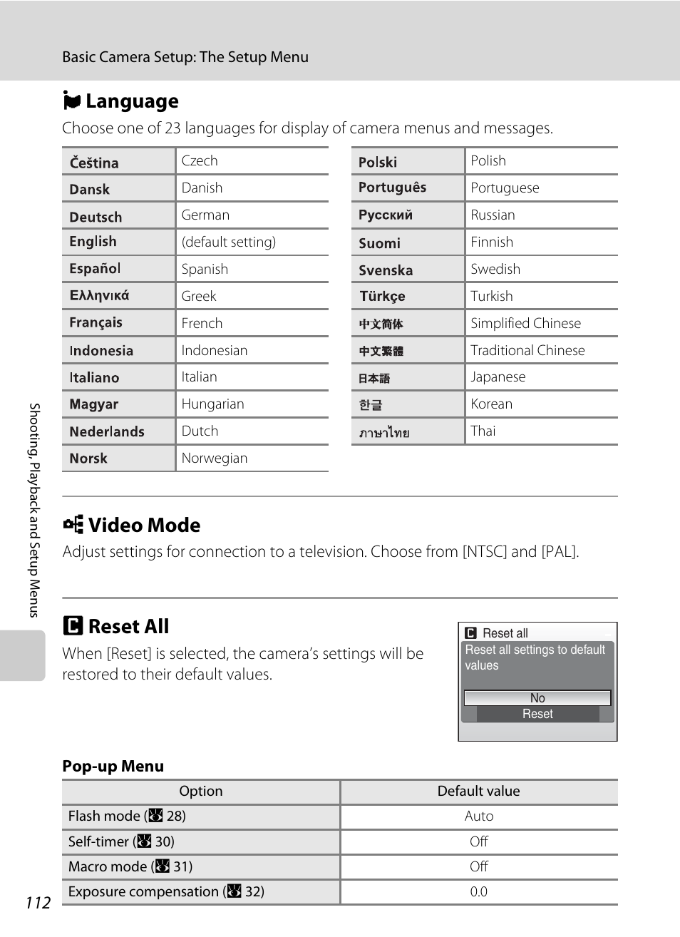 Language, Video mode, Reset all | N language o video mode p reset all, A 112, N language, O video mode, P reset all | Nikon S700 User Manual | Page 124 / 148