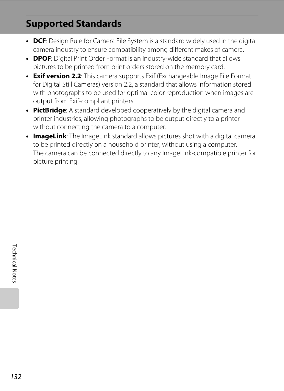 Supported standards, Tible, A 132) p | A 132) | Nikon S700 User Manual | Page 144 / 148