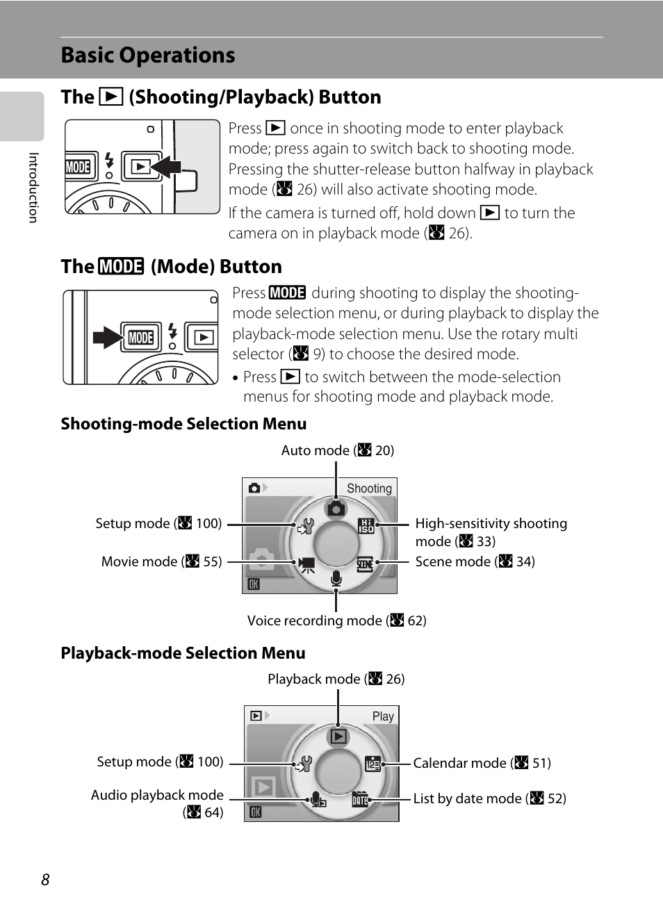 Basic operations, Shooting/playback) button, The (mode) button | C (shooting/playback) button, E (mode) button | Nikon S700 User Manual | Page 20 / 148