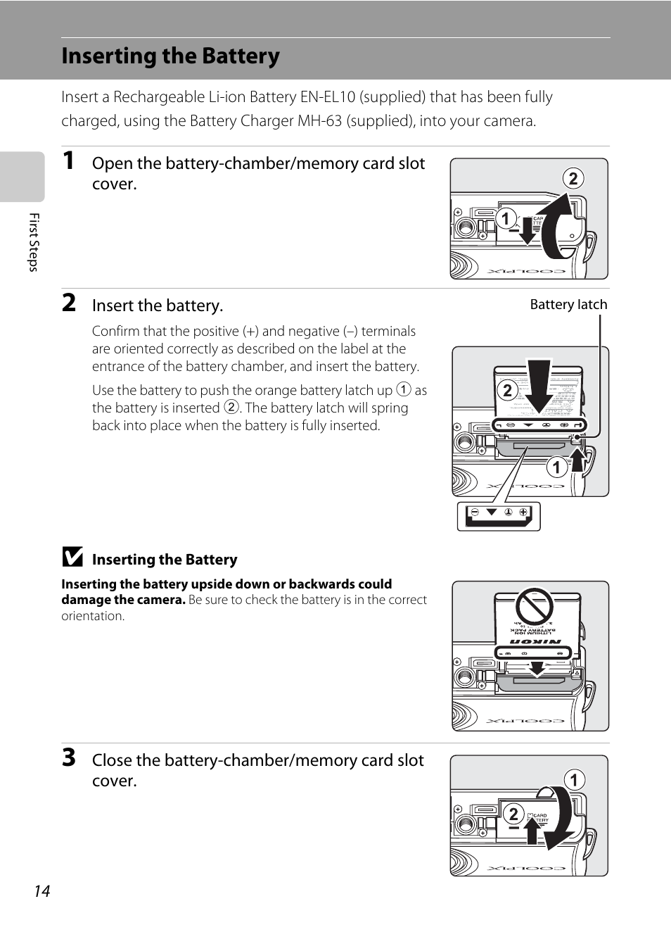 Inserting the battery | Nikon S700 User Manual | Page 26 / 148
