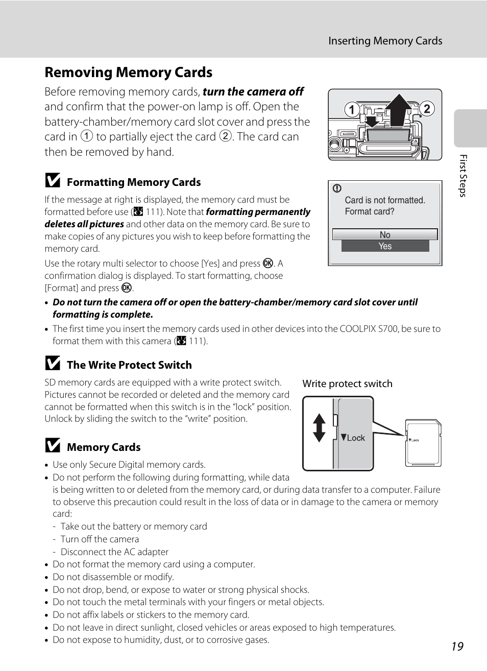 Removing memory cards | Nikon S700 User Manual | Page 31 / 148