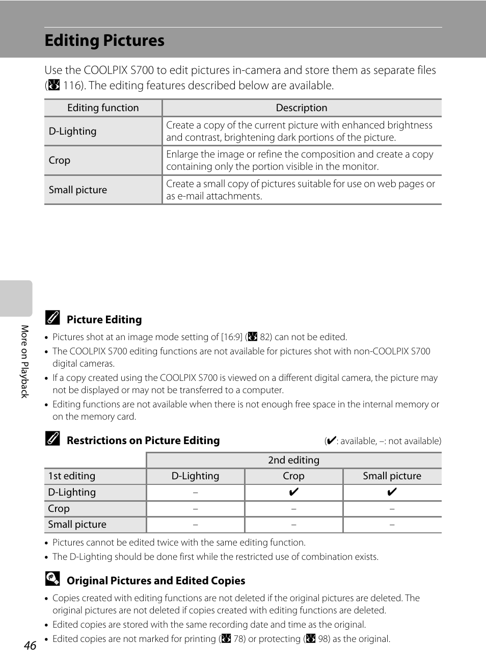Editing pictures | Nikon S700 User Manual | Page 58 / 148