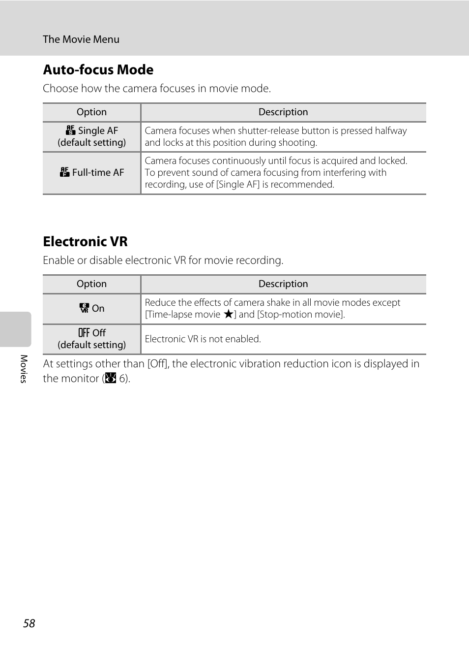 Auto-focus mode, Electronic vr, Auto-focus mode electronic vr | A 58, A 58), and [electronic vr] (a 58 | Nikon S700 User Manual | Page 70 / 148
