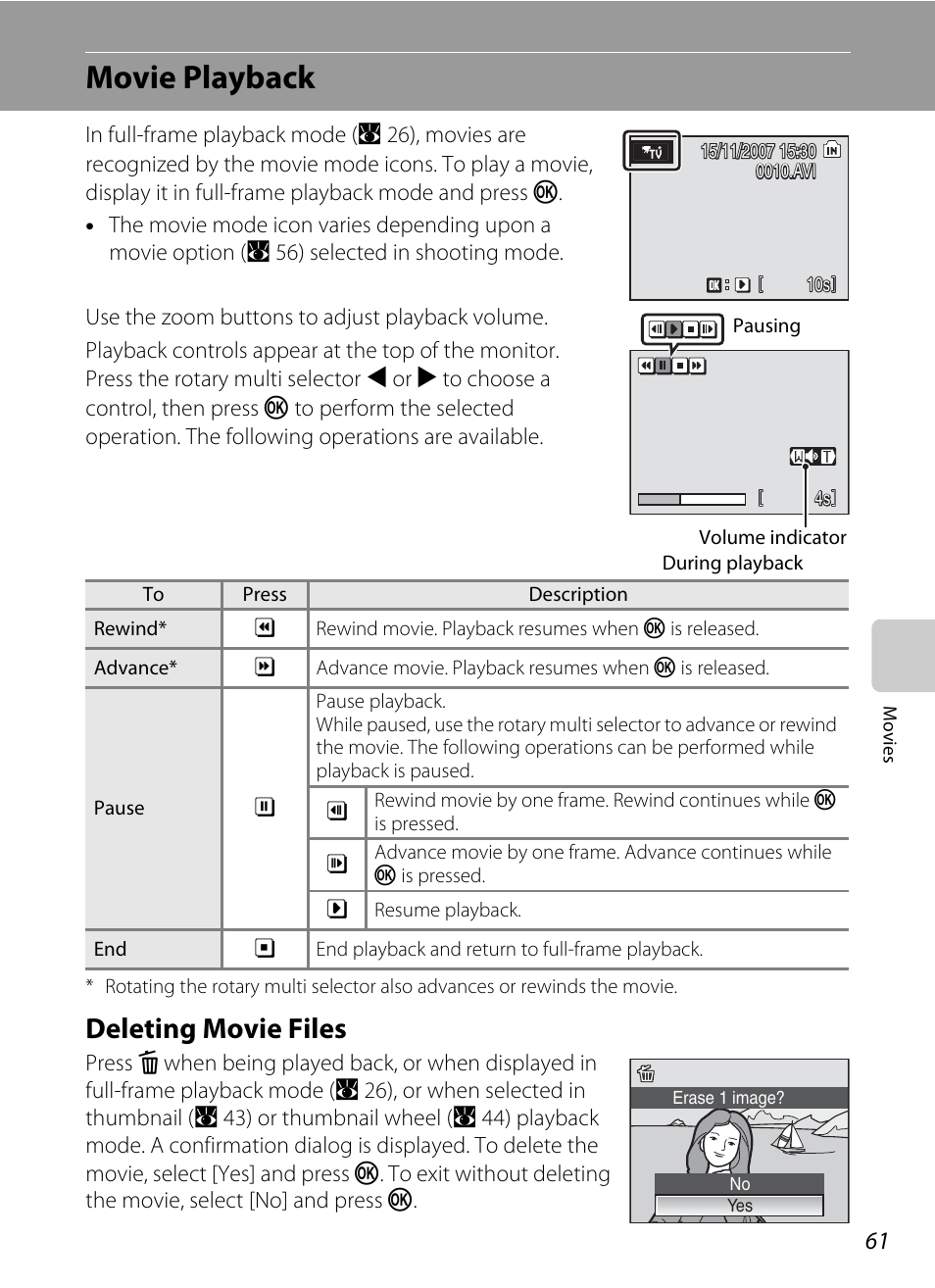 Movie playback, Deleting movie files | Nikon S700 User Manual | Page 73 / 148