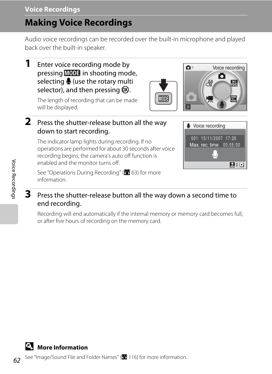 Voice recordings, Making voice recordings, E voice recordings | A 62), A 62) or audio playb | Nikon S700 User Manual | Page 74 / 148