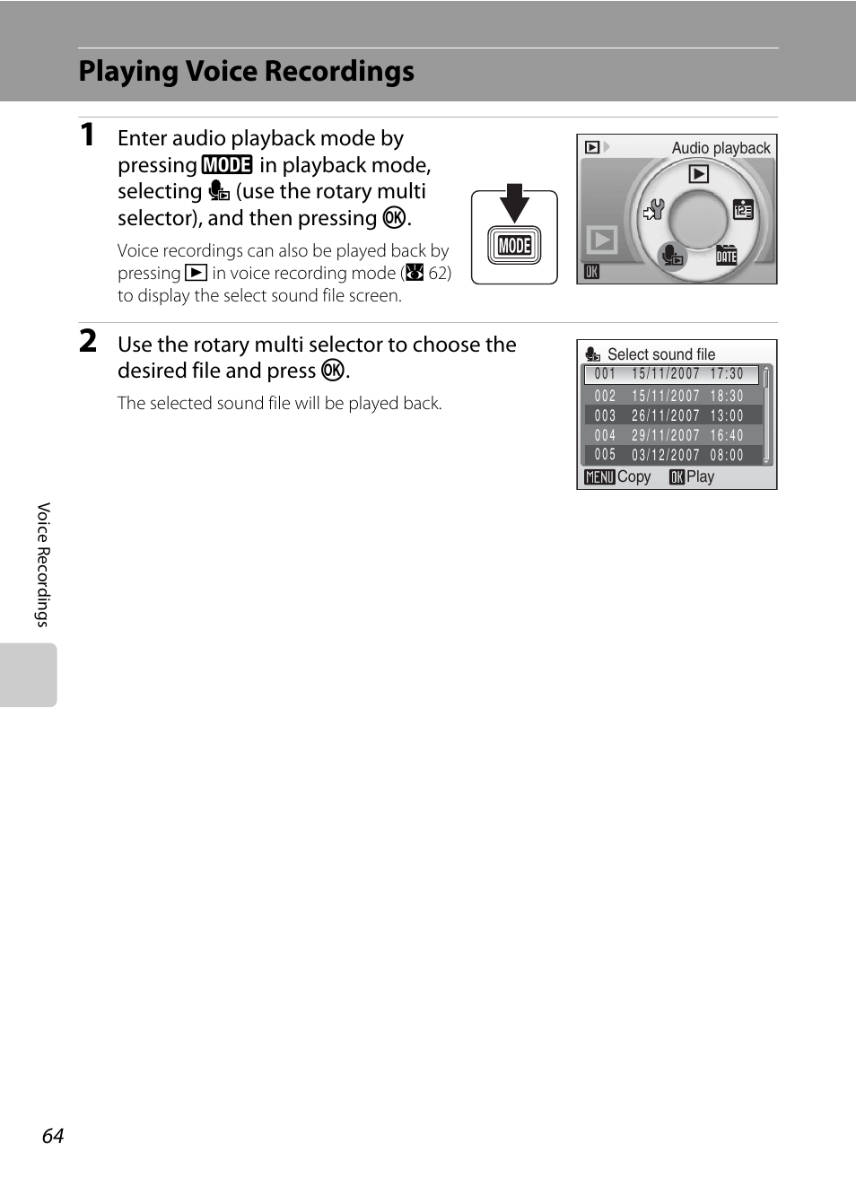 Playing voice recordings, A 64), A 64), the | Nikon S700 User Manual | Page 76 / 148
