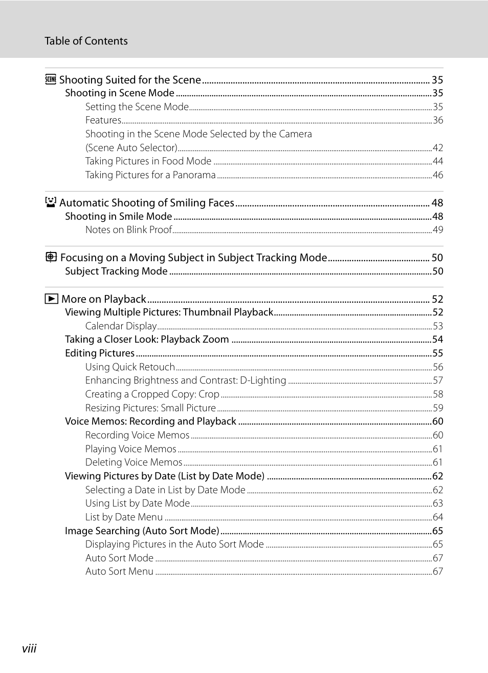 Viii | Nikon S620 User Manual | Page 10 / 164