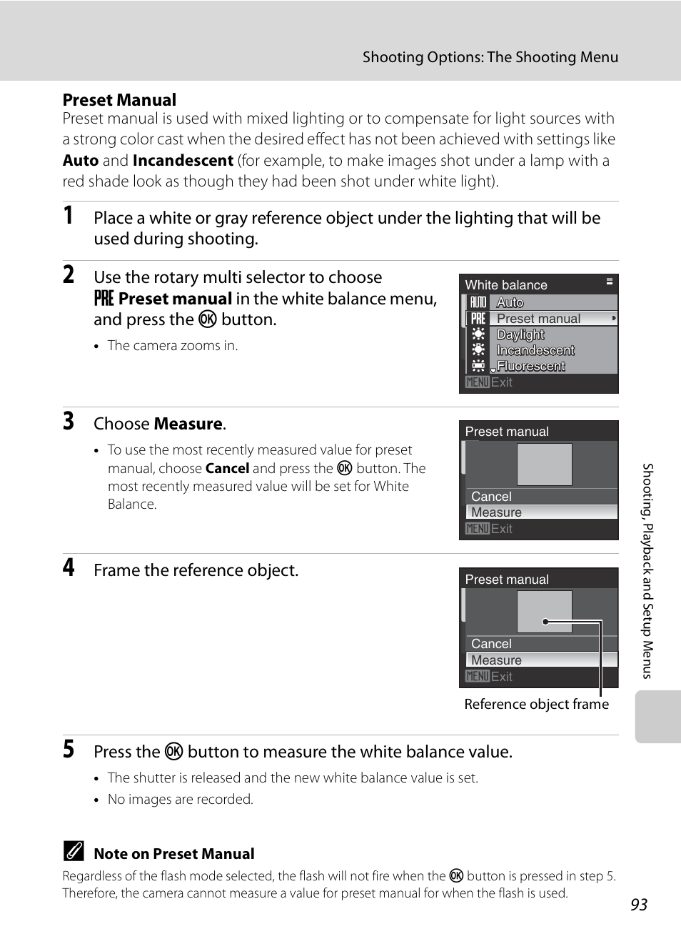 Ee “preset manual, Preset manual, Choose measure | Frame the reference object | Nikon S620 User Manual | Page 105 / 164