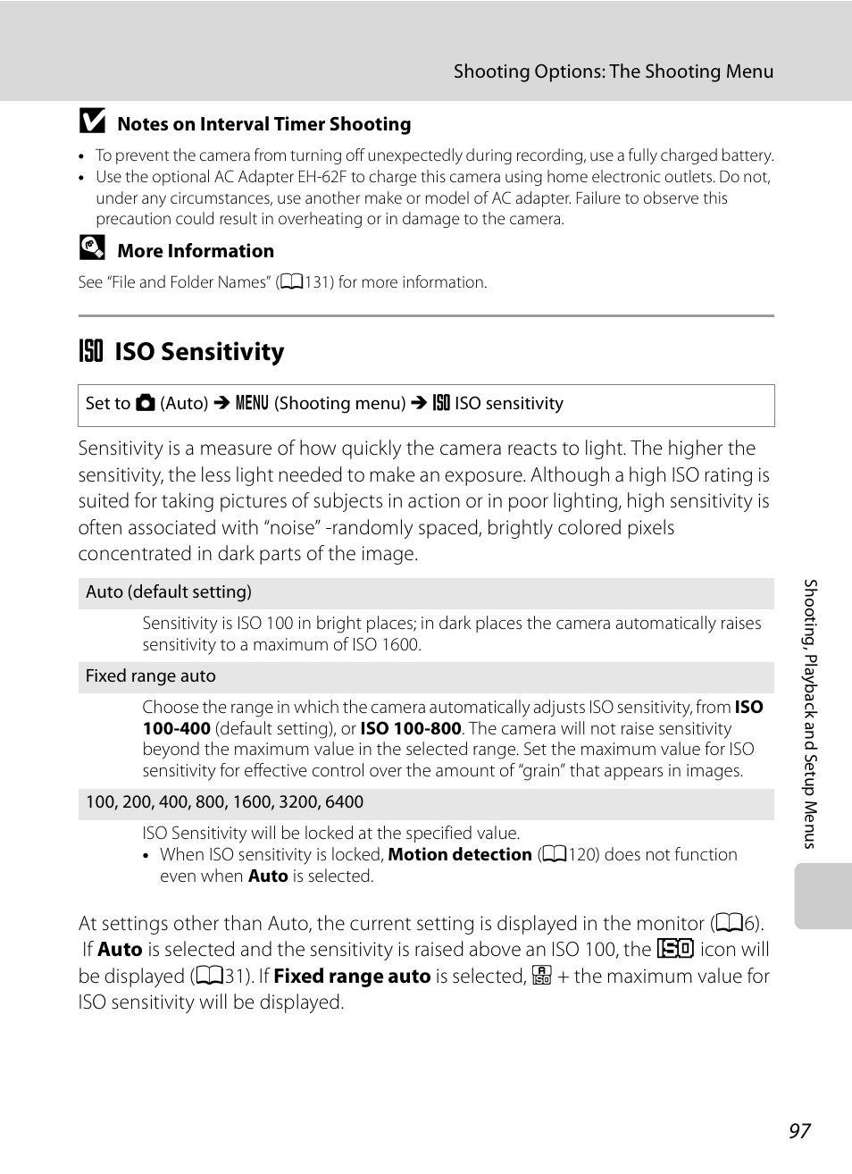 Iso sensitivity, E iso sensitivity, A97) | Nikon S620 User Manual | Page 109 / 164