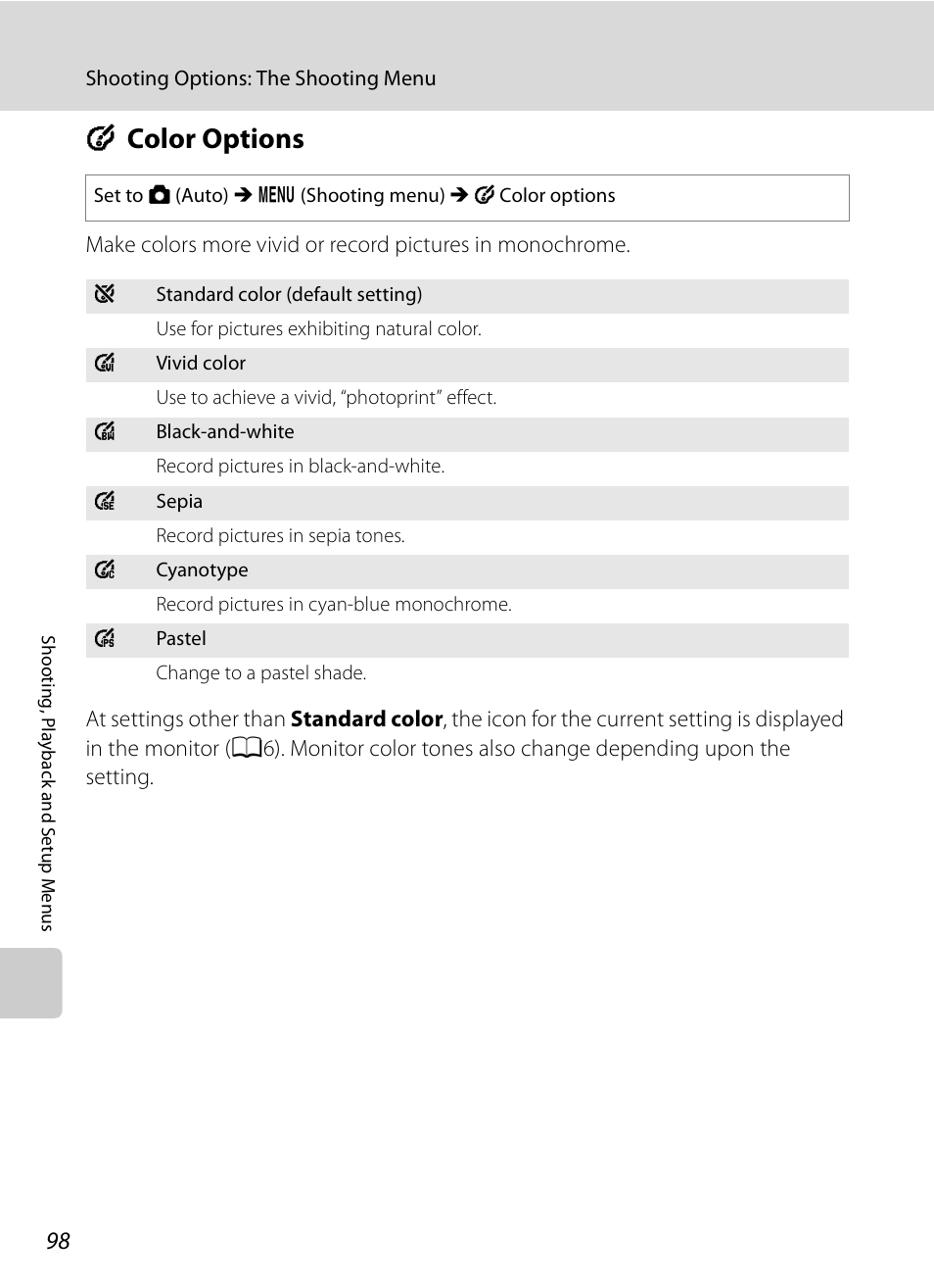 Color options, F color options | Nikon S620 User Manual | Page 110 / 164