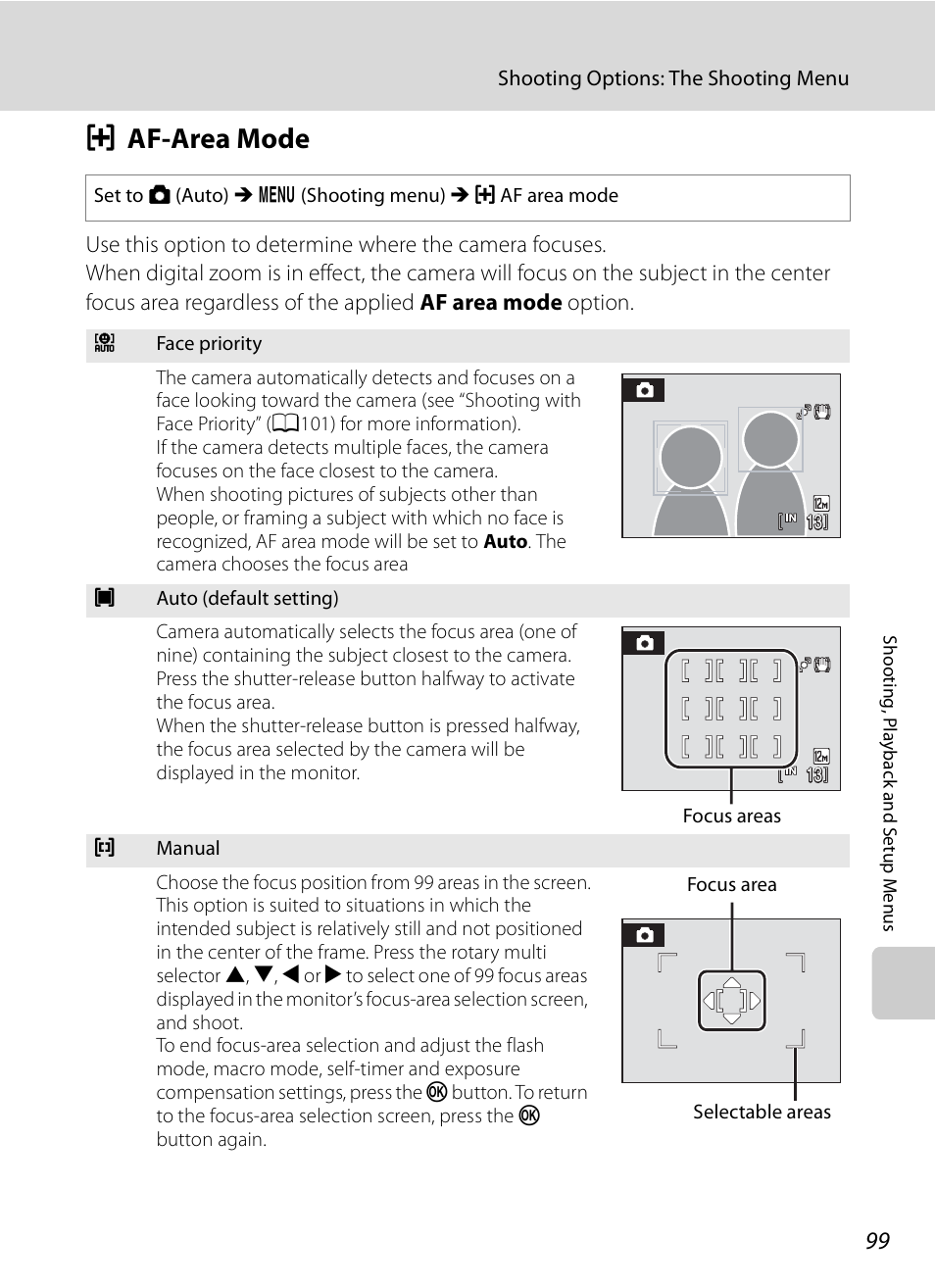 Af-area mode, G af-area mode, A99) | Nikon S620 User Manual | Page 111 / 164