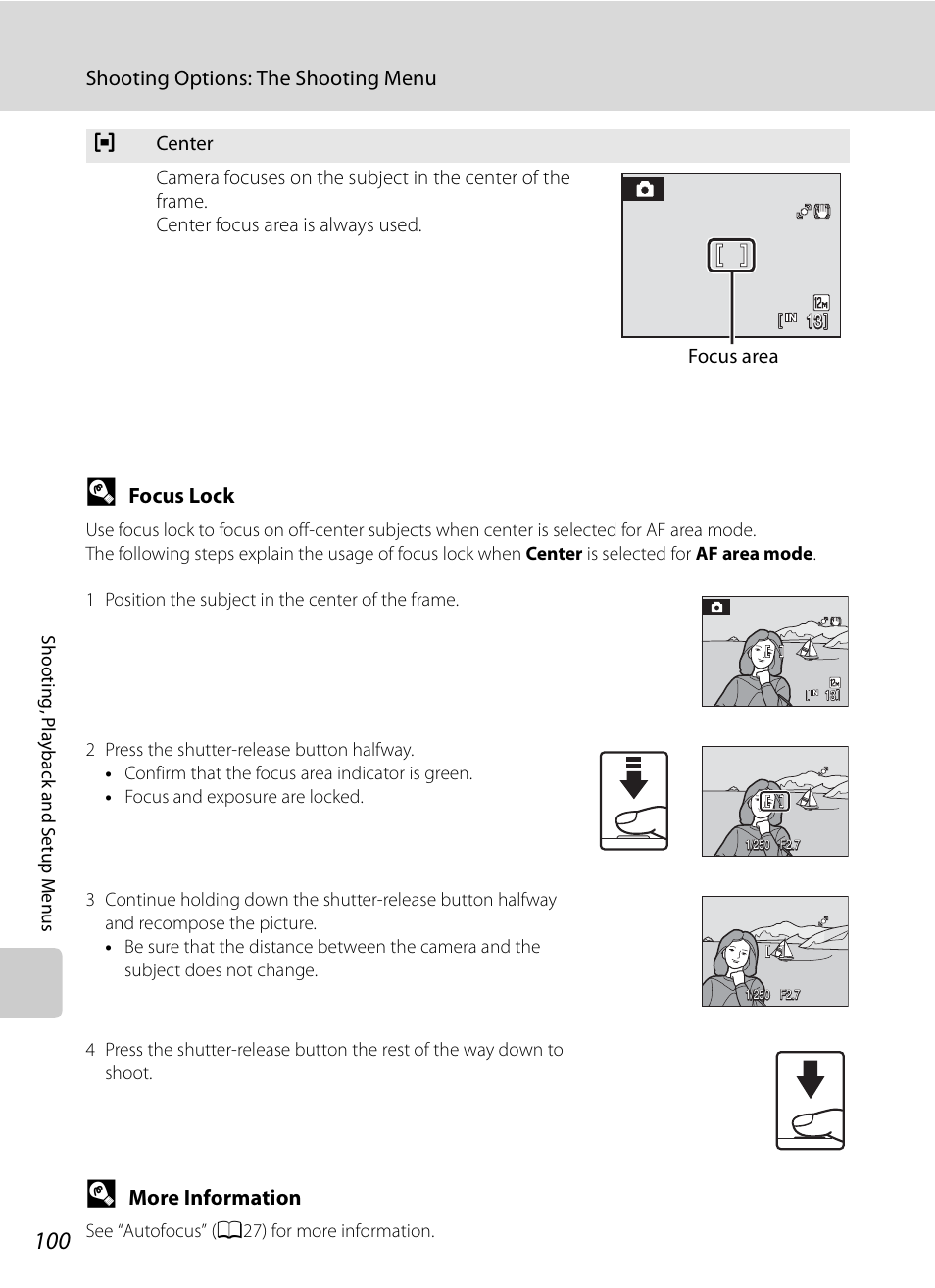 A100), Shooting options: the shooting menu, Focus lock | More information | Nikon S620 User Manual | Page 112 / 164