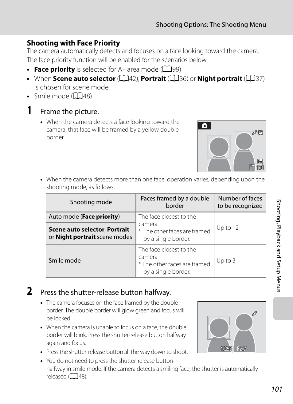 A101) wi, Shooting with face priority, A101) for m | A101), Frame the picture, Press the shutter-release button halfway | Nikon S620 User Manual | Page 113 / 164