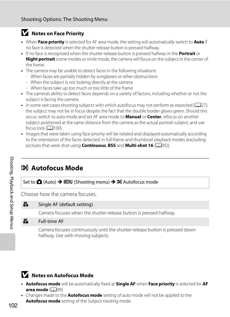 Autofocus mode, A102), A102 | I autofocus mode | Nikon S620 User Manual | Page 114 / 164