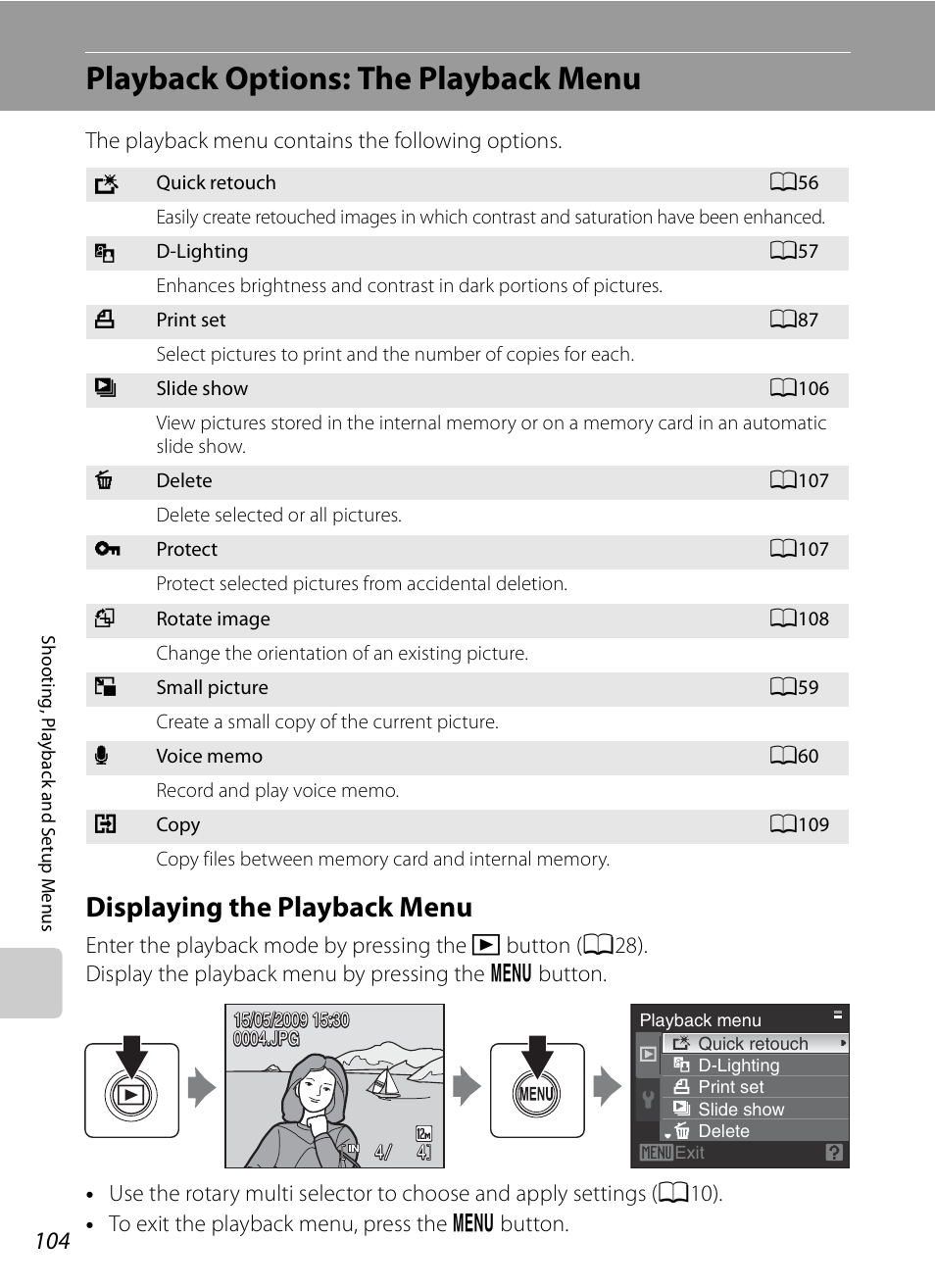 Playback options: the playback menu, Displaying the playback menu, A104) | Nikon S620 User Manual | Page 116 / 164