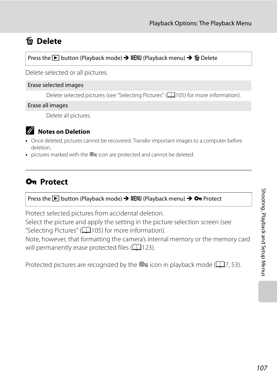 Delete, Protect, C delete d protect | A107) fro, A107), A107, C delete, D protect | Nikon S620 User Manual | Page 119 / 164
