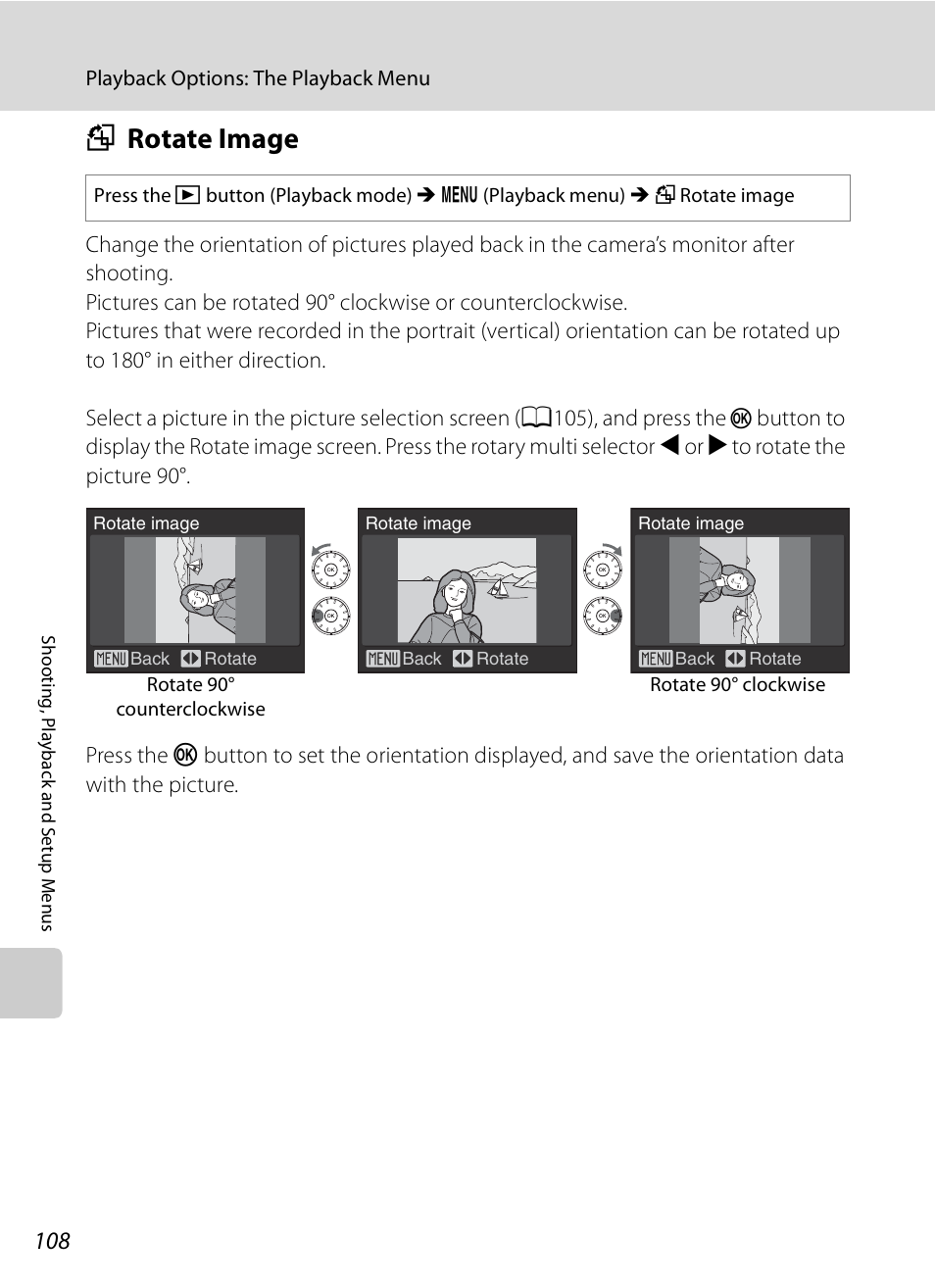 Rotate image, F rotate image, A108) | A108 | Nikon S620 User Manual | Page 120 / 164