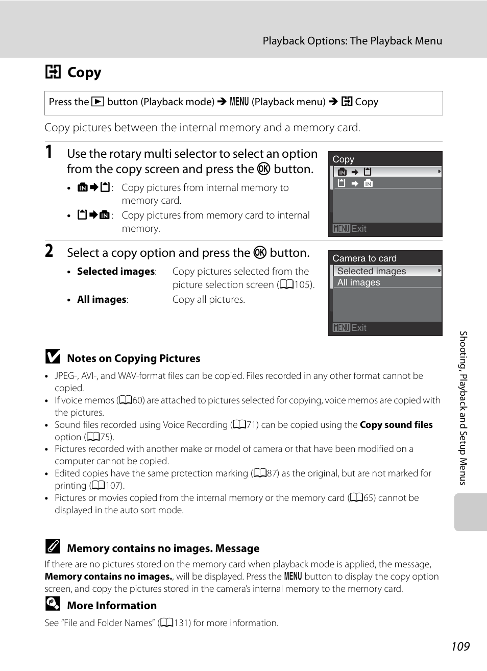 Copy, H copy, A109 | A109), Select a copy option and press the k button | Nikon S620 User Manual | Page 121 / 164