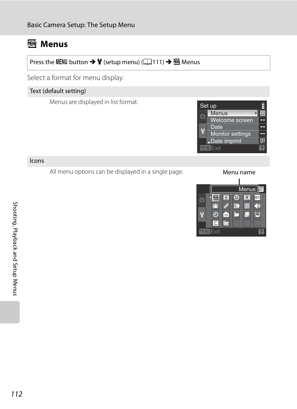 Menus, A menus, A112 | Nikon S620 User Manual | Page 124 / 164