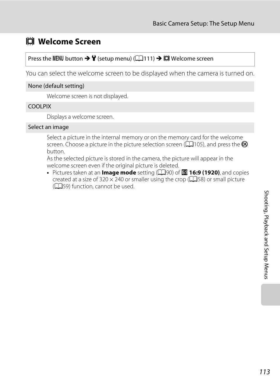 Welcome screen, C welcome screen, A113) | A113 | Nikon S620 User Manual | Page 125 / 164