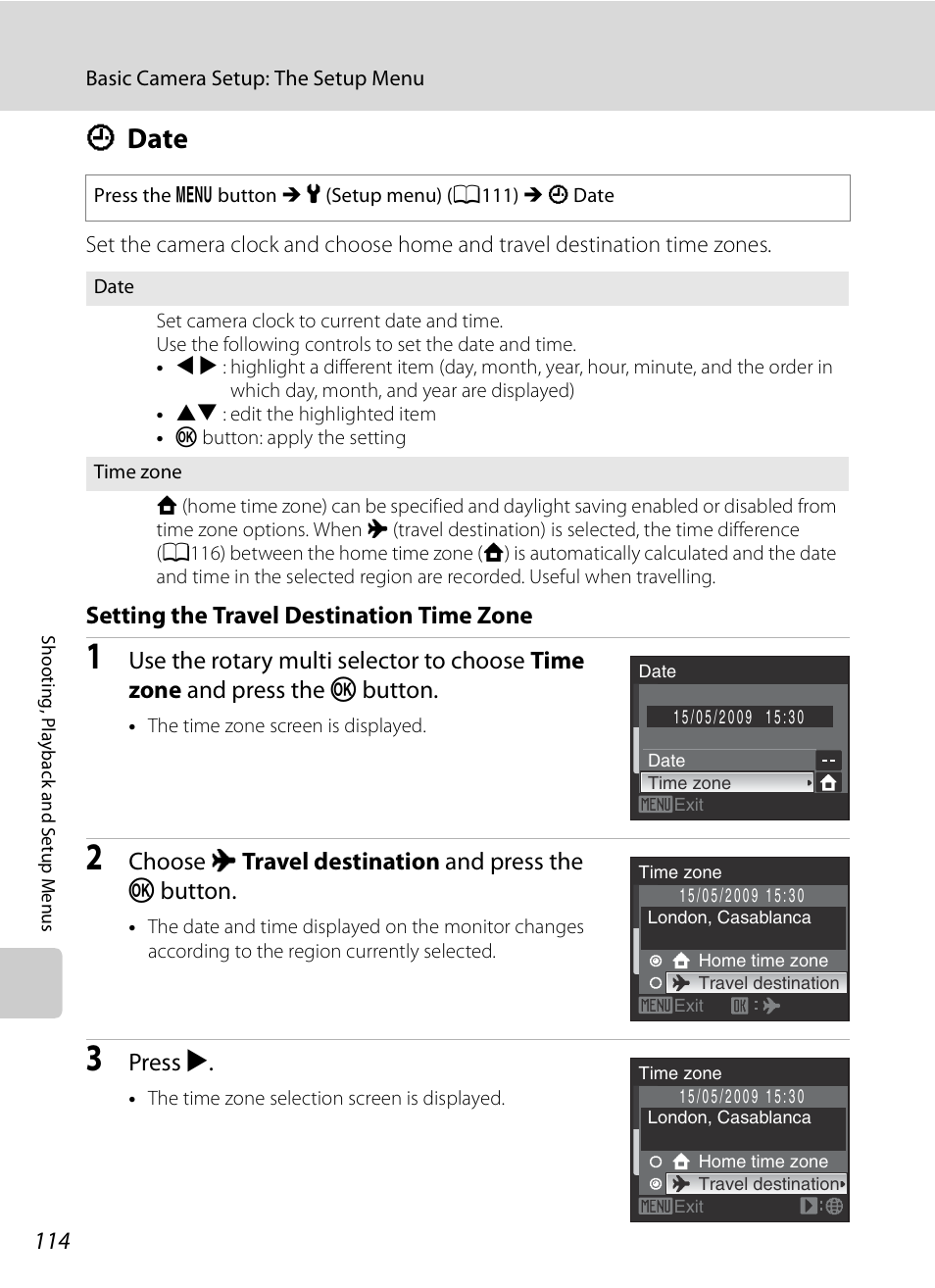 Date, D date, A114) | A114, Setting the travel destination time zone, Choose x travel destination and press the k button, Press k | Nikon S620 User Manual | Page 126 / 164