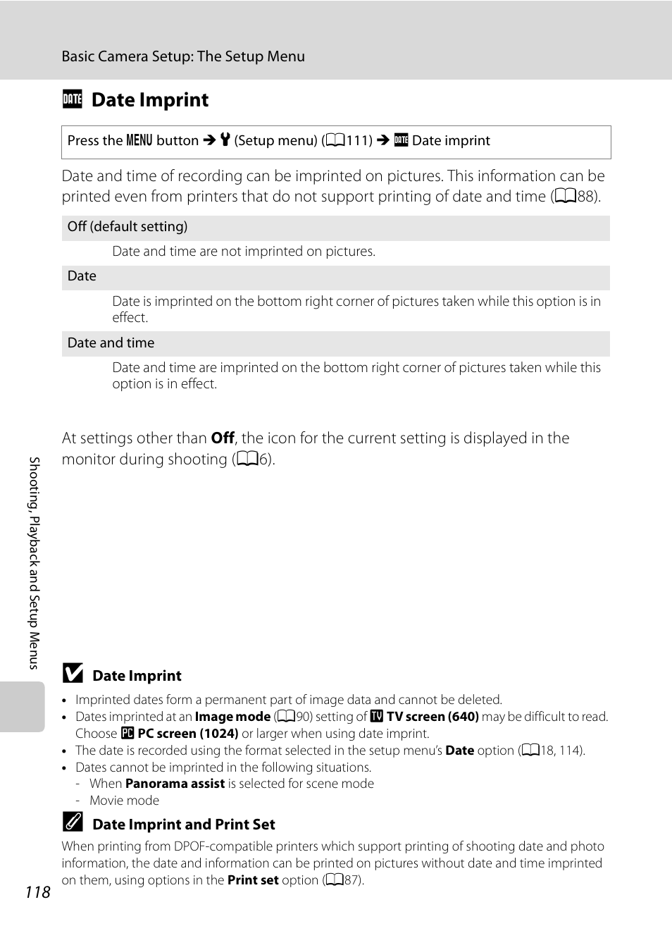 Date imprint, F date imprint, A118) | A118 | Nikon S620 User Manual | Page 130 / 164