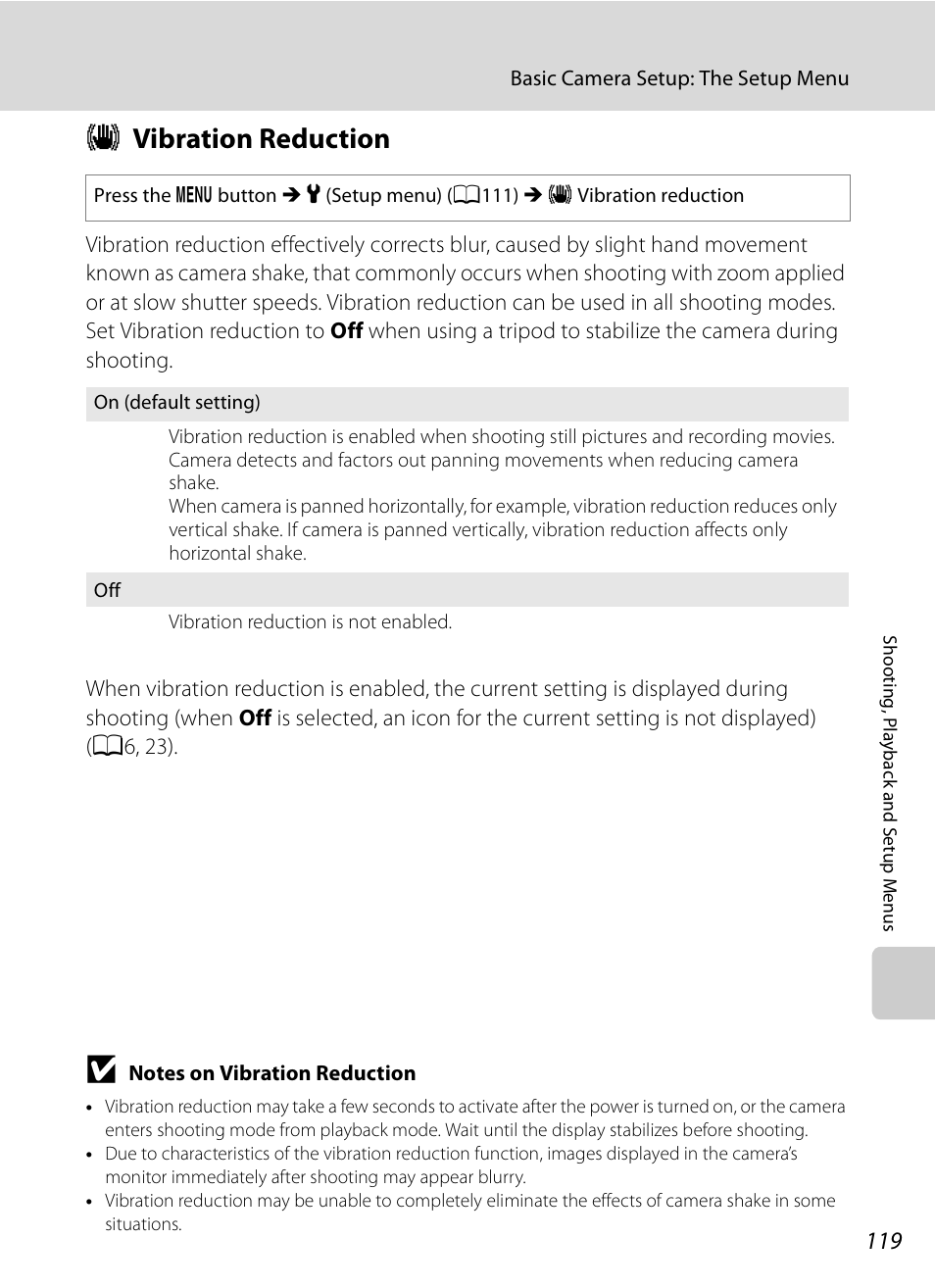 Vibration reduction, G vibration reduction, A119) | A119 | Nikon S620 User Manual | Page 131 / 164