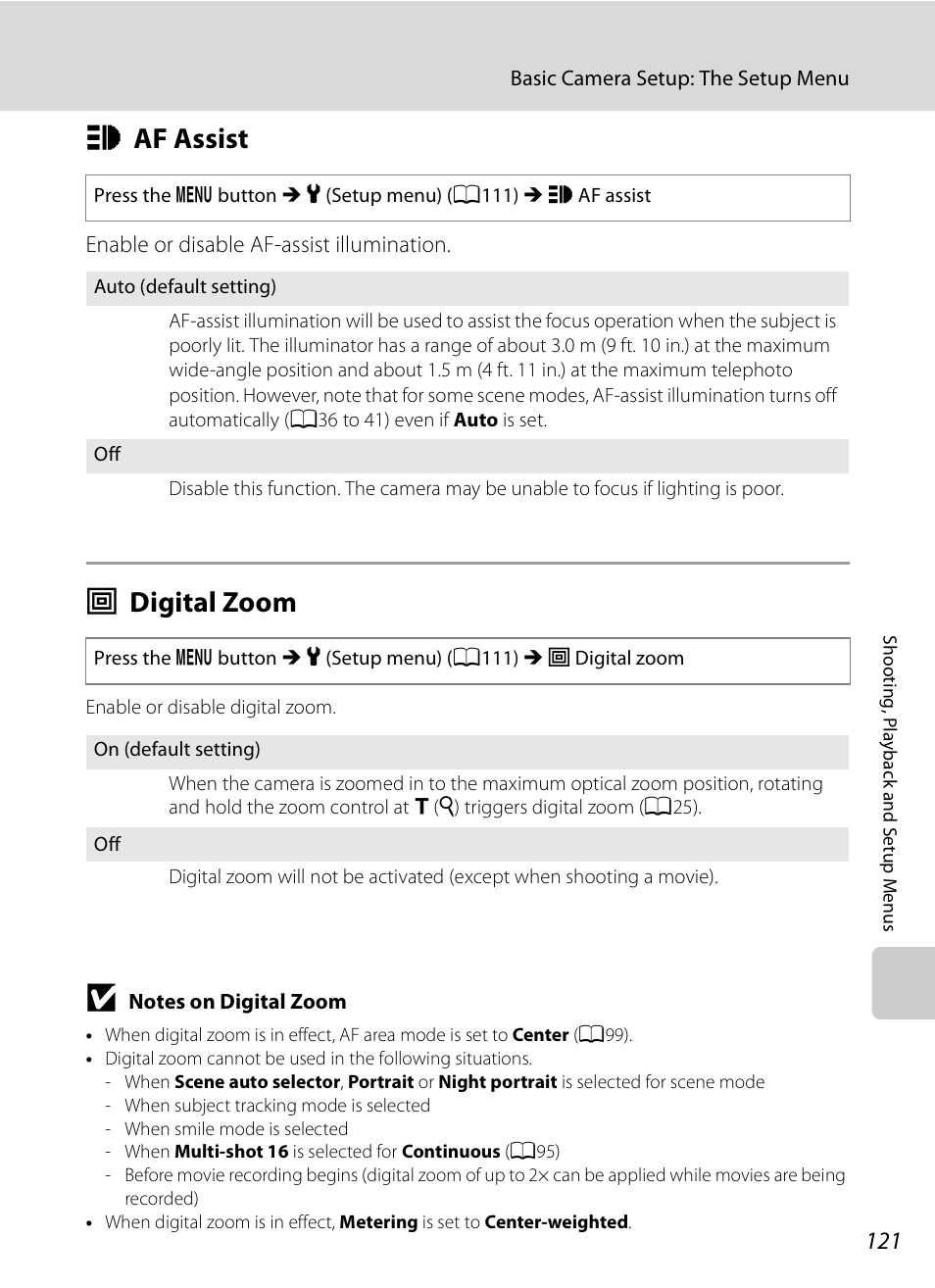 Af assist, Digital zoom, H af assist u digital zoom | A121), A121, H af assist, U digital zoom | Nikon S620 User Manual | Page 133 / 164