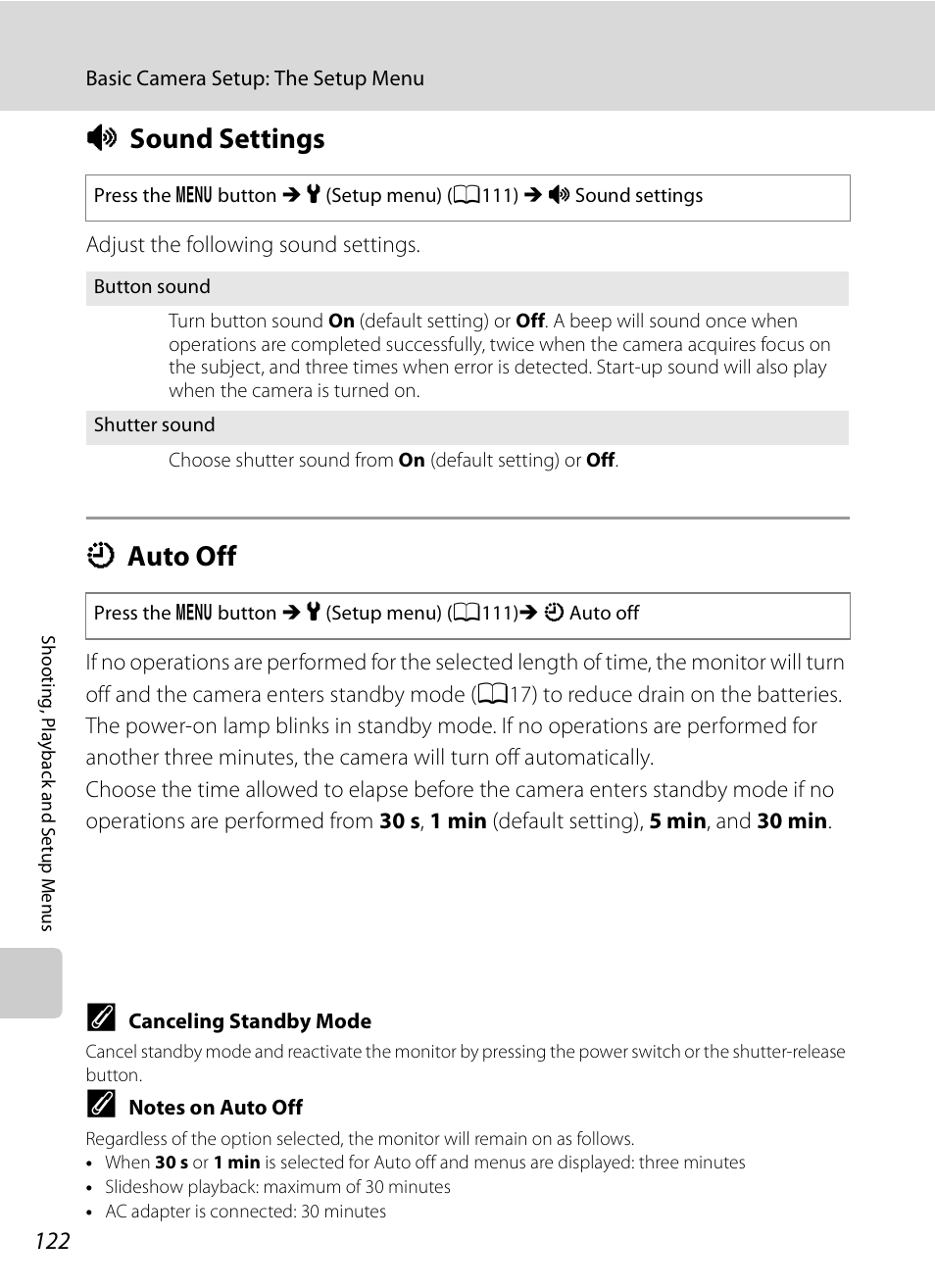 Sound settings, Auto off, I sound settings k auto off | A122), Te it, A122, I sound settings, K auto off | Nikon S620 User Manual | Page 134 / 164