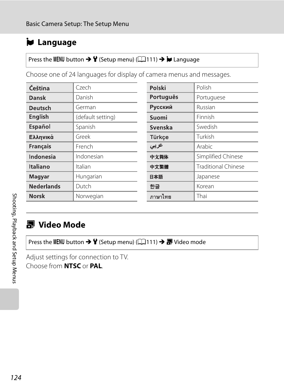 Language, Video mode, N language o video mode | A124, N language, O video mode | Nikon S620 User Manual | Page 136 / 164