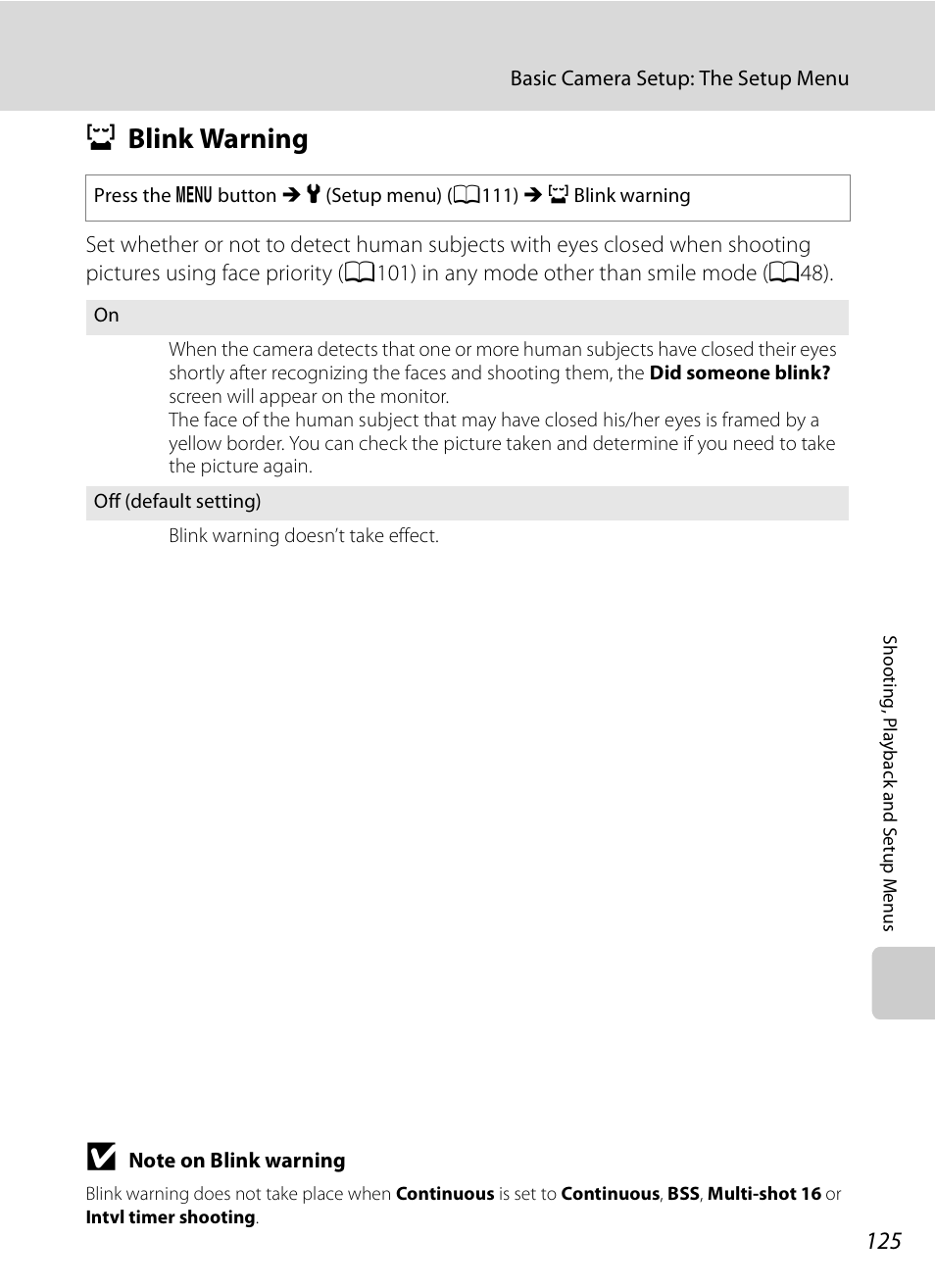 Blink warning, D blink warning, A125 | Nikon S620 User Manual | Page 137 / 164