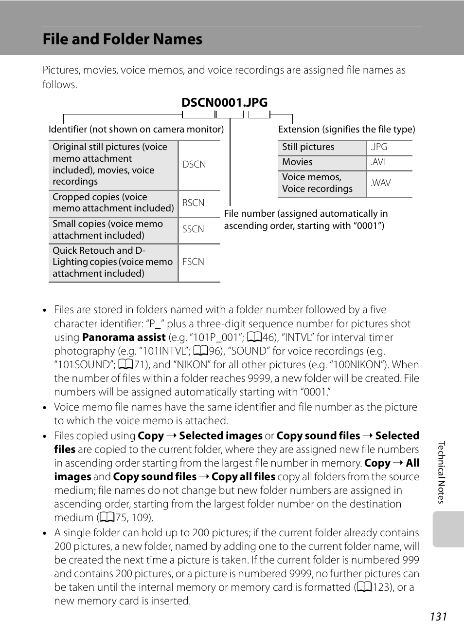 File and folder names, See “file and folder names, A131) | Dscn0001.jpg | Nikon S620 User Manual | Page 143 / 164