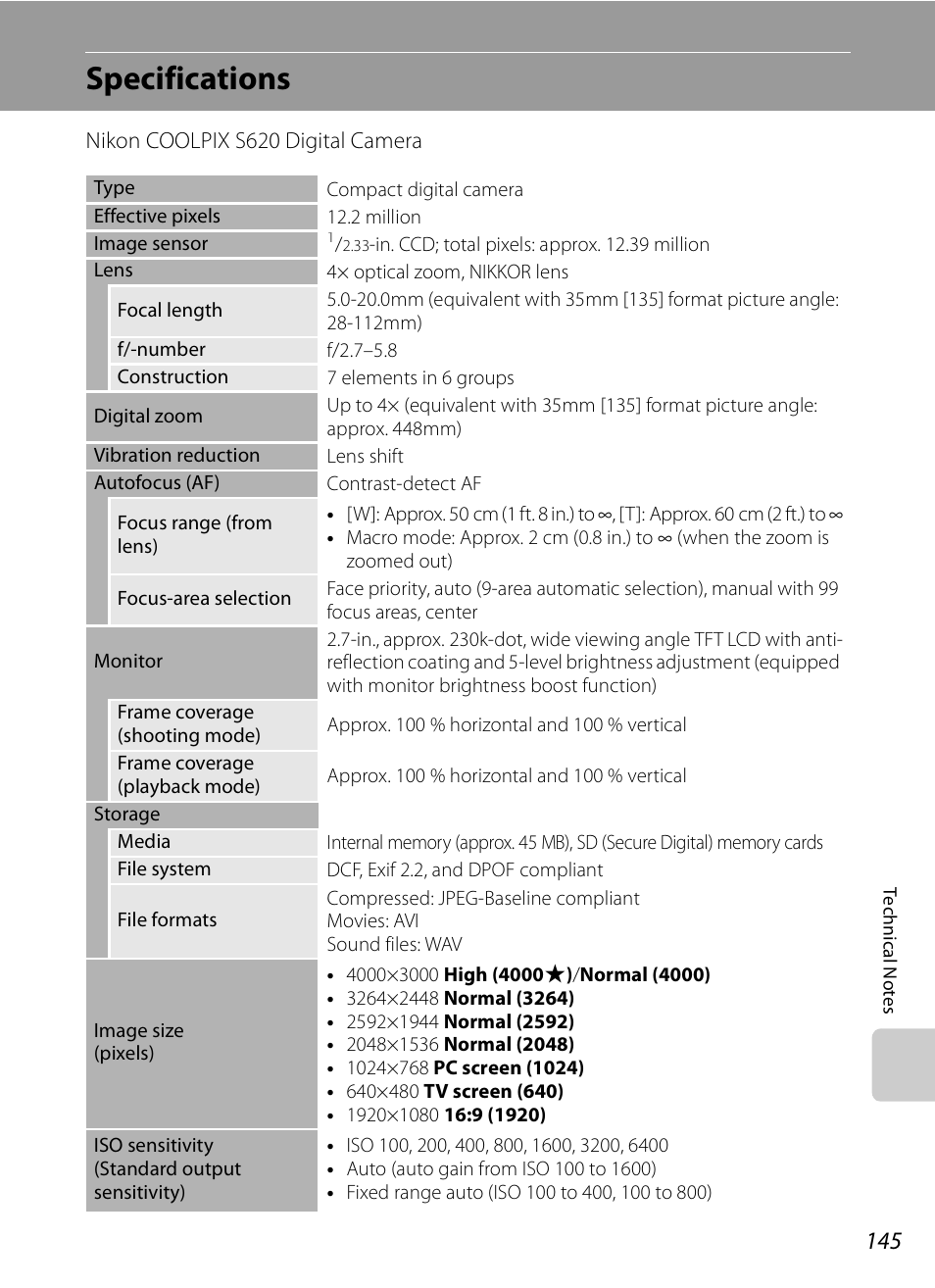 Specifications | Nikon S620 User Manual | Page 157 / 164