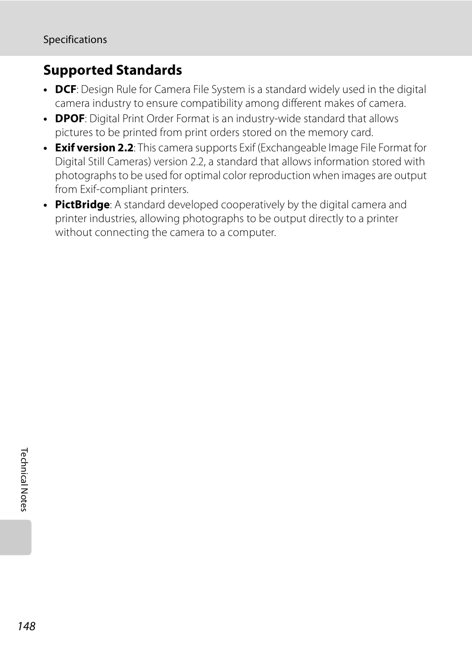 Supported standards, A148) p, A148) | Nikon S620 User Manual | Page 160 / 164
