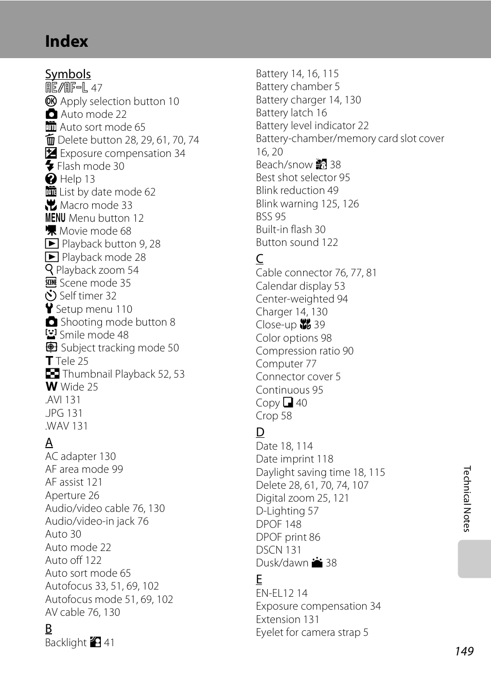 Index | Nikon S620 User Manual | Page 161 / 164