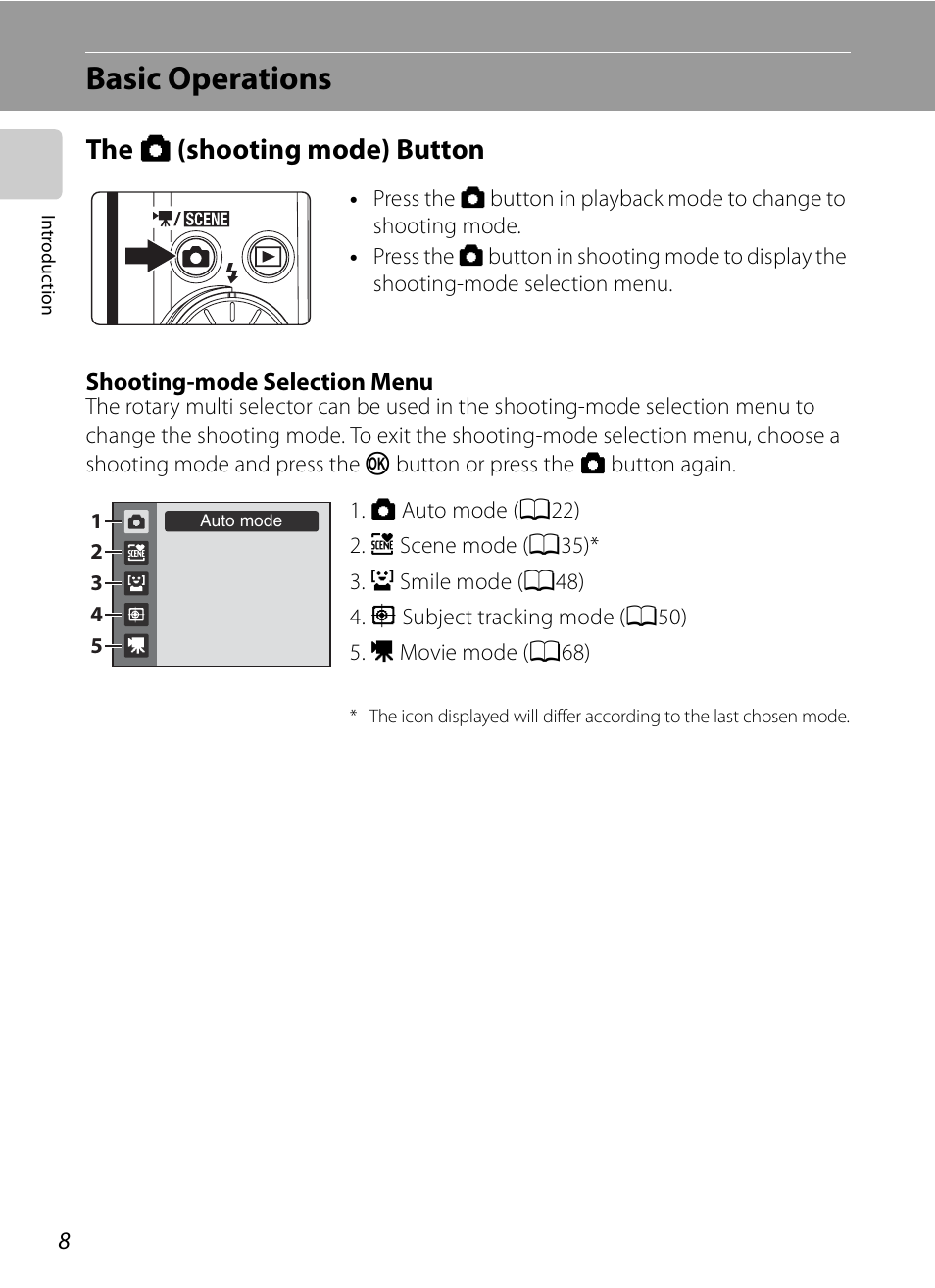 Basic operations, The shooting mode button, The a (shooting mode) button | Nikon S620 User Manual | Page 20 / 164