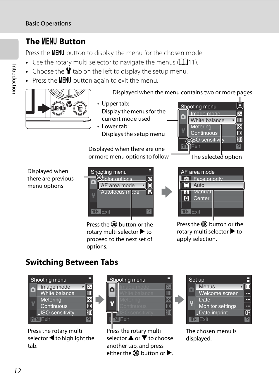 The menu button, Switching between tabs, D button | The d button | Nikon S620 User Manual | Page 24 / 164