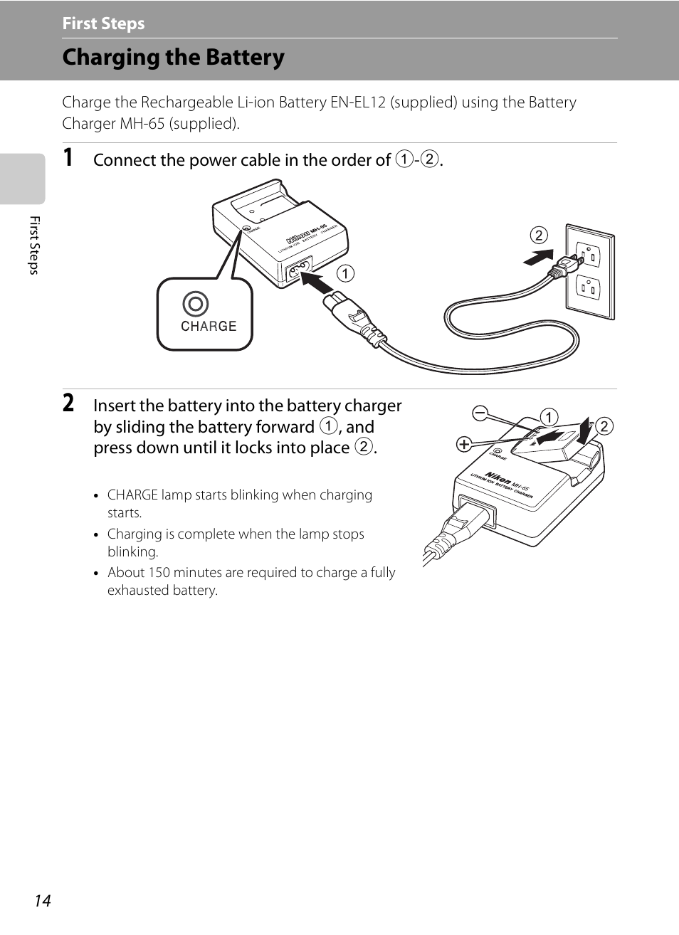 First steps, Charging the battery | Nikon S620 User Manual | Page 26 / 164