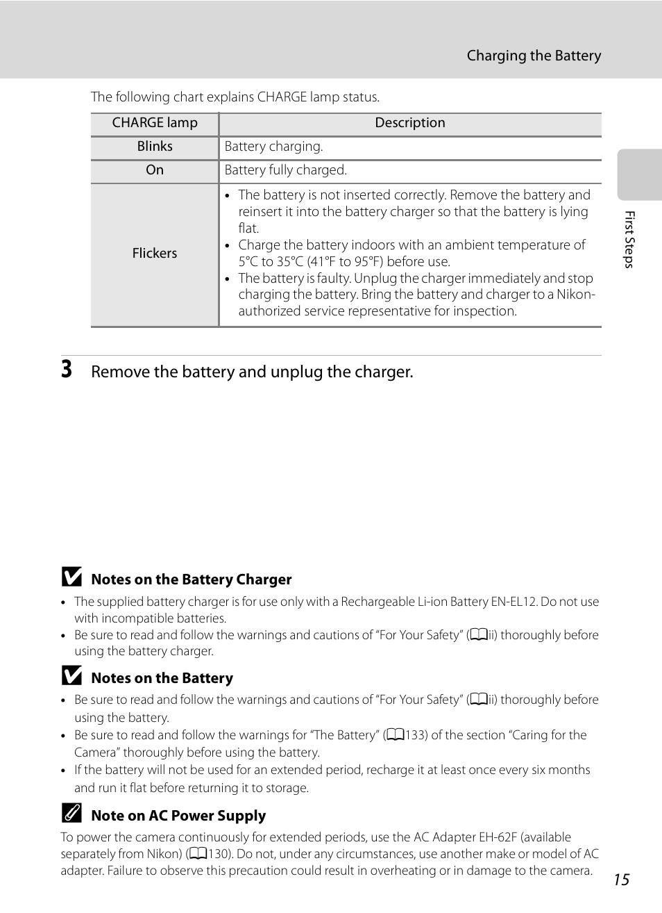 Remove the battery and unplug the charger | Nikon S620 User Manual | Page 27 / 164