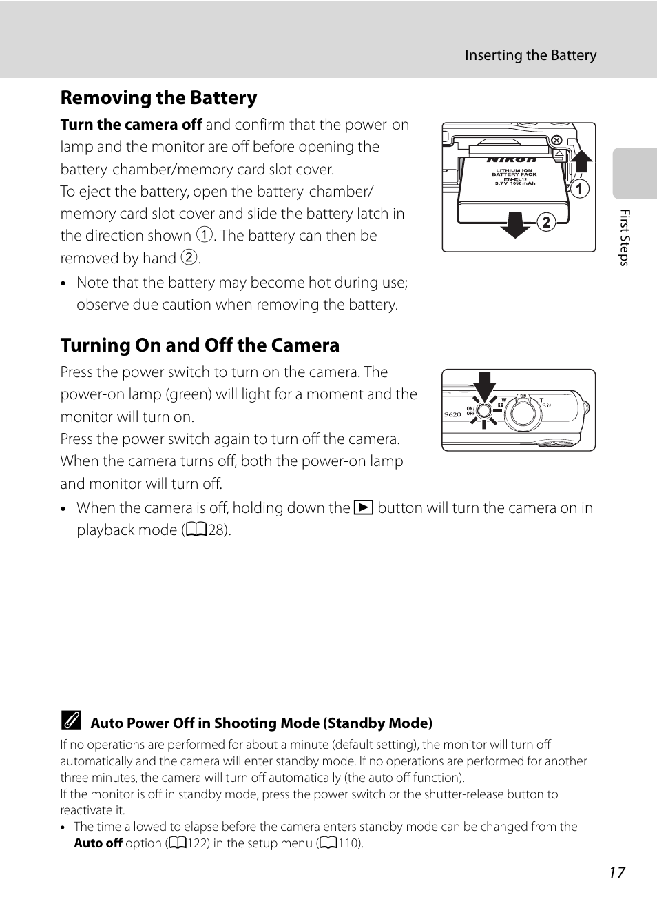 Removing the battery, Turning on and off the camera, Removing the battery turning on and off the camera | Nikon S620 User Manual | Page 29 / 164