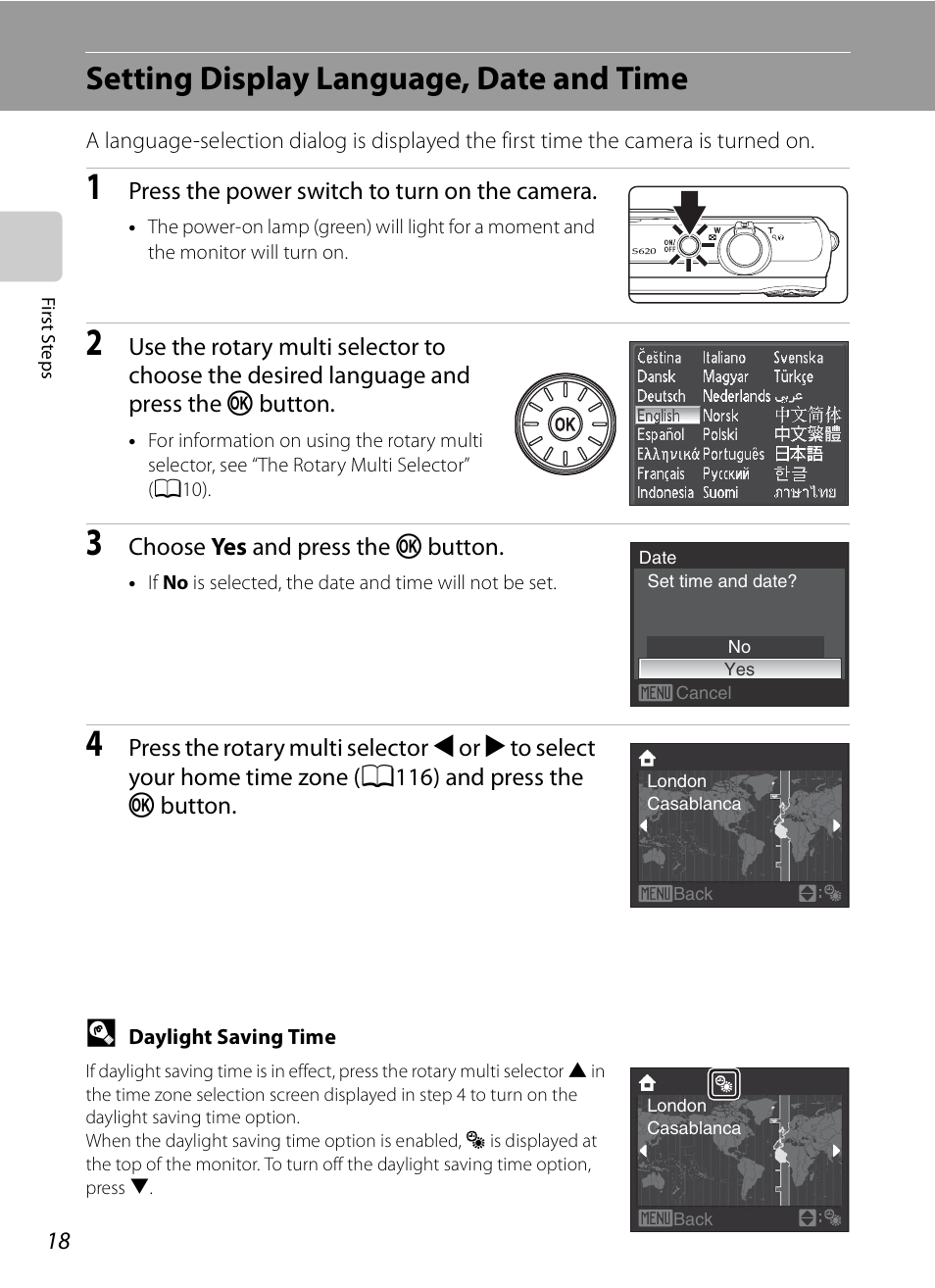 Setting display language, date and time | Nikon S620 User Manual | Page 30 / 164